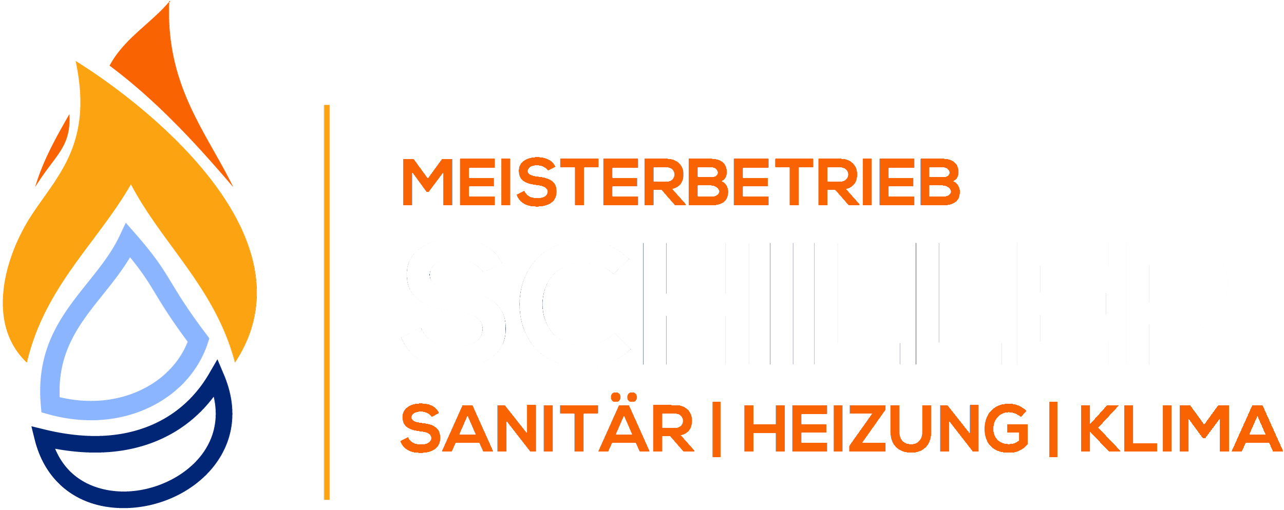 Logo der Firma „Schiller“ mit Flammen- und Wassertropfen-Symbol, Schriftzug „Meisterbetrieb Sanitär | Heizung | Klima“ auf schwarzem Hintergrund.